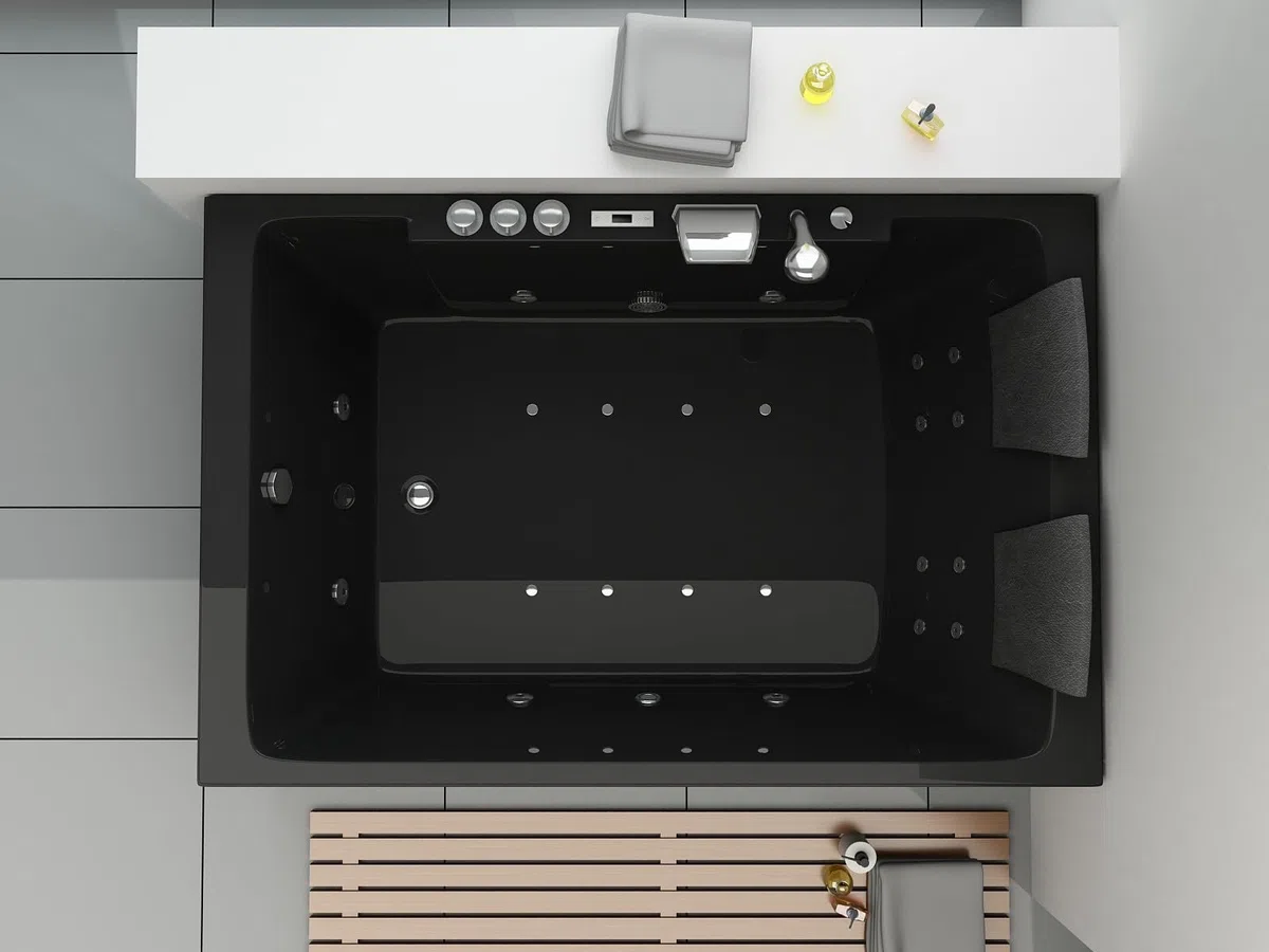 Whirlpool Torino, 180 x 120 cm, colore nero, vasca idromassaggio per interni per 2 persone con 14 idrojet e 8 airjet, riscaldamento, luce a LED, sistema audio Bluetooth e cascata
