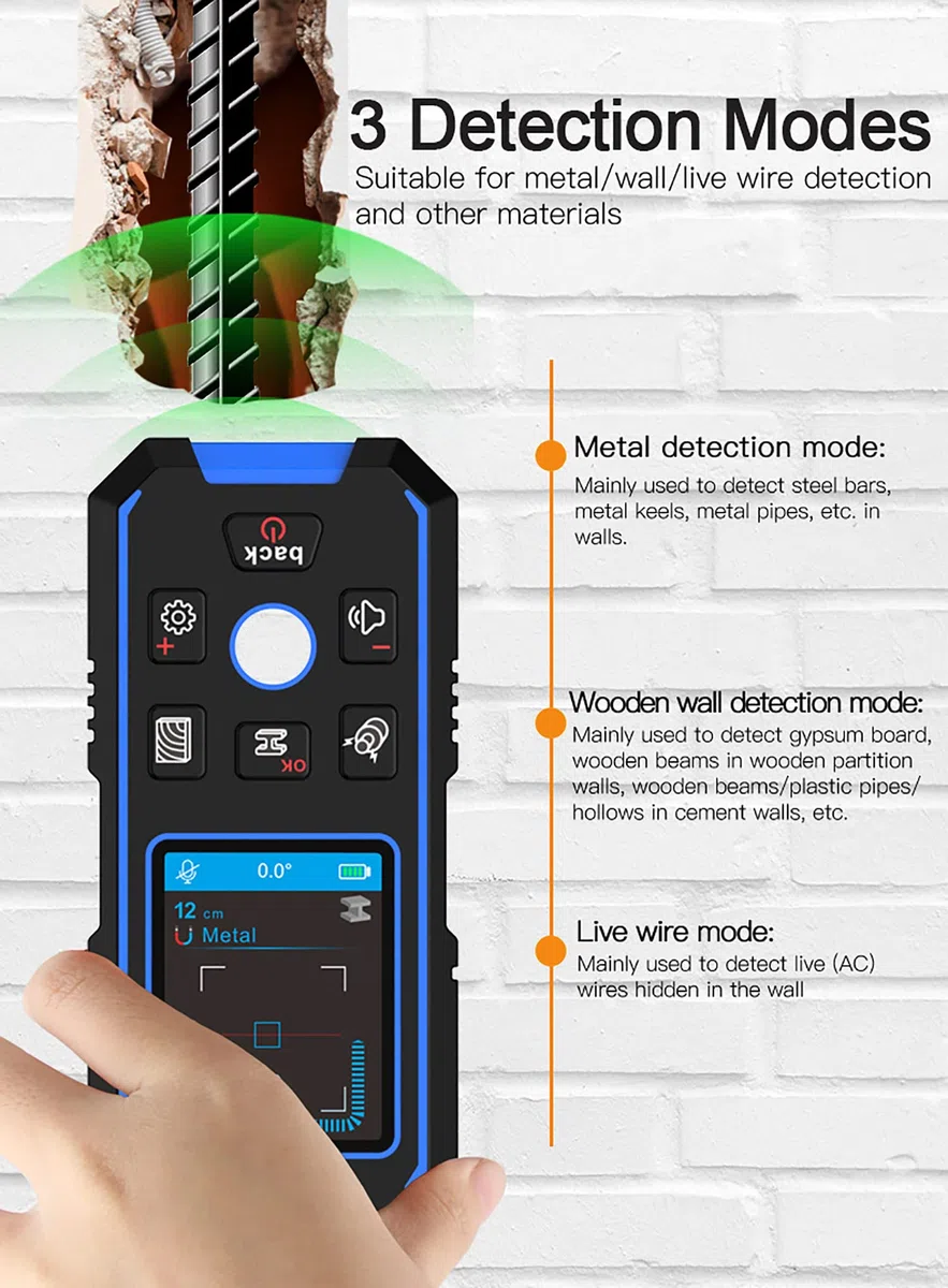 Geevorks Rilevatore Tubi e Cavi Elettrici,Rilevatore Digitale Tubi e Cavi CA Elettrici, LCD Schermo,Avviso Sonoro,Legna/Metallo/Magnetico o No