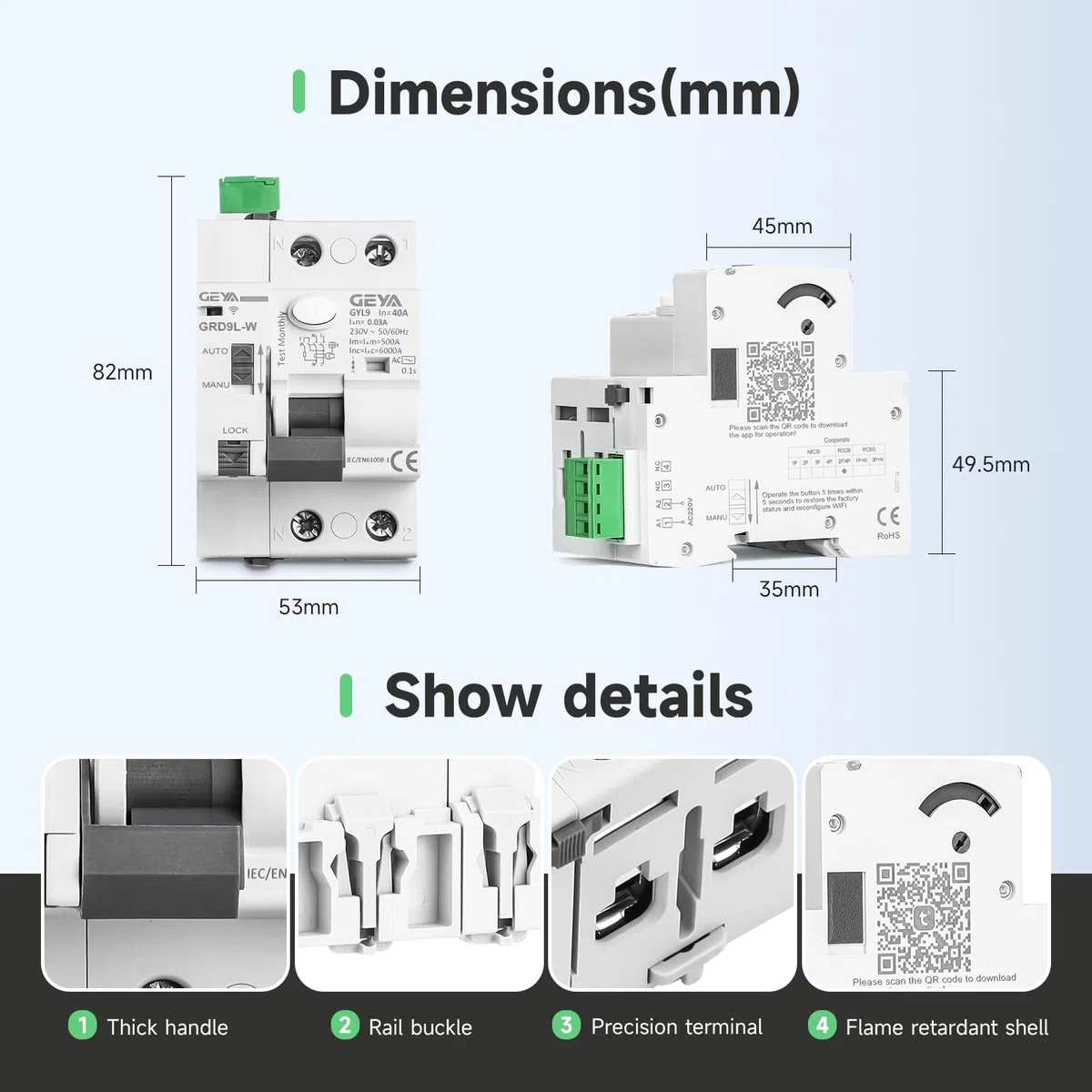GEYA WiFi Interruttore Automatico con Chiusura Automatica Telecomandato 6KA ELCB RCCB RCD Dispositivo di Richiusura Automatica Vita Intelligente(GRD9L-W+Type AC GYL9-2P-40A-0.03A)