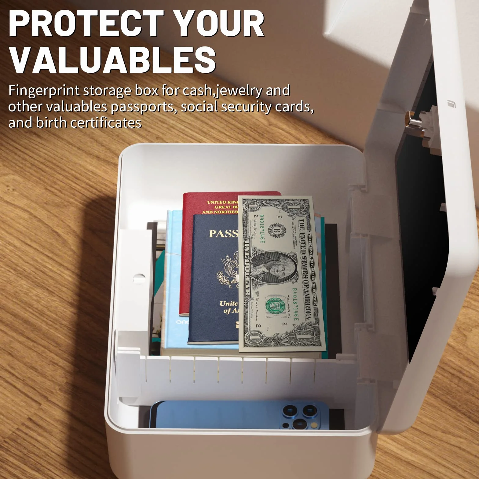 Scatola di immagazzinaggio biometrico con impronta digitale portatile Cash Jewelry Lock Box scatola di blocco ricaricabile per auto, casa, ufficio, viaggio