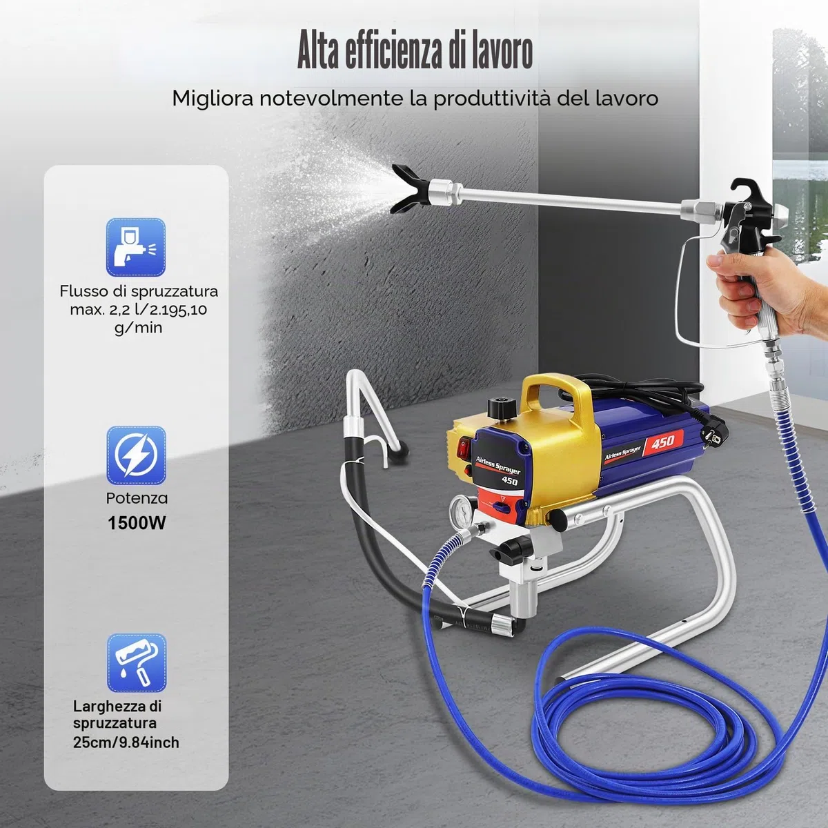 Spruzzatore Airless, macchina per spruzzatura vernice 1500W, pistola per verniciatura a parete 22Mpa 2,2L/min di portata, spruzzatore di vernice con larghezza di spruzzo 25cm