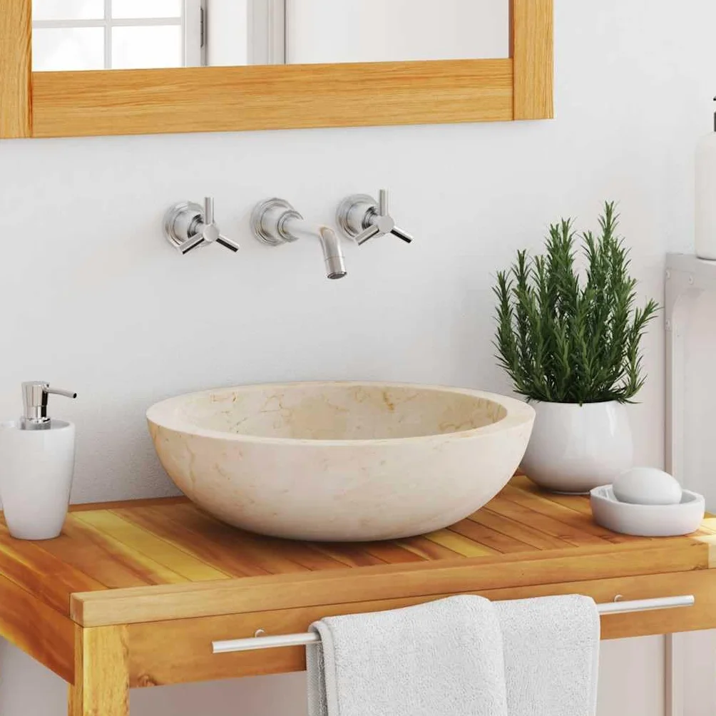 vidaXL Lavandino con Foro di Scarico Rotondo Classico Elegante Lavello Lavabo Arredo Bagno Sanitari 40x12 cm in Marmo Crema Naturale