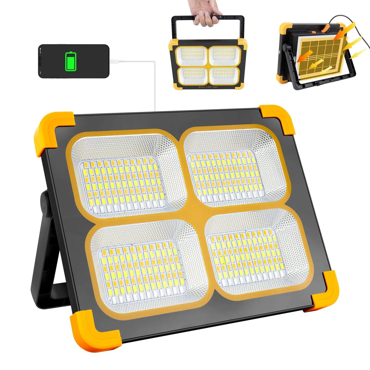 Faro LED Ricaricabile 120W, Faretto Lampada LED Ricaricabile Portatile Solare/348 LEDs/2 Magnetiche/4 Modalità/Banca di Energia, Proiettore LED Ricaricabile per Cantiere, Intrattenimento, Emergenza