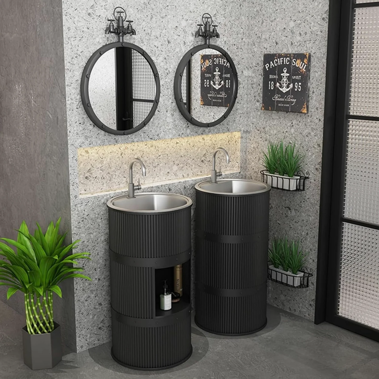 Lavandino a Colonna Moderno in Ferro Battuto, Mobile da Bagno con Lavabo in Acciaio Inox, Lavandino su Piedistallo Freestanding Set con Rubinetto e Scarico (senza contenitore,Blu)