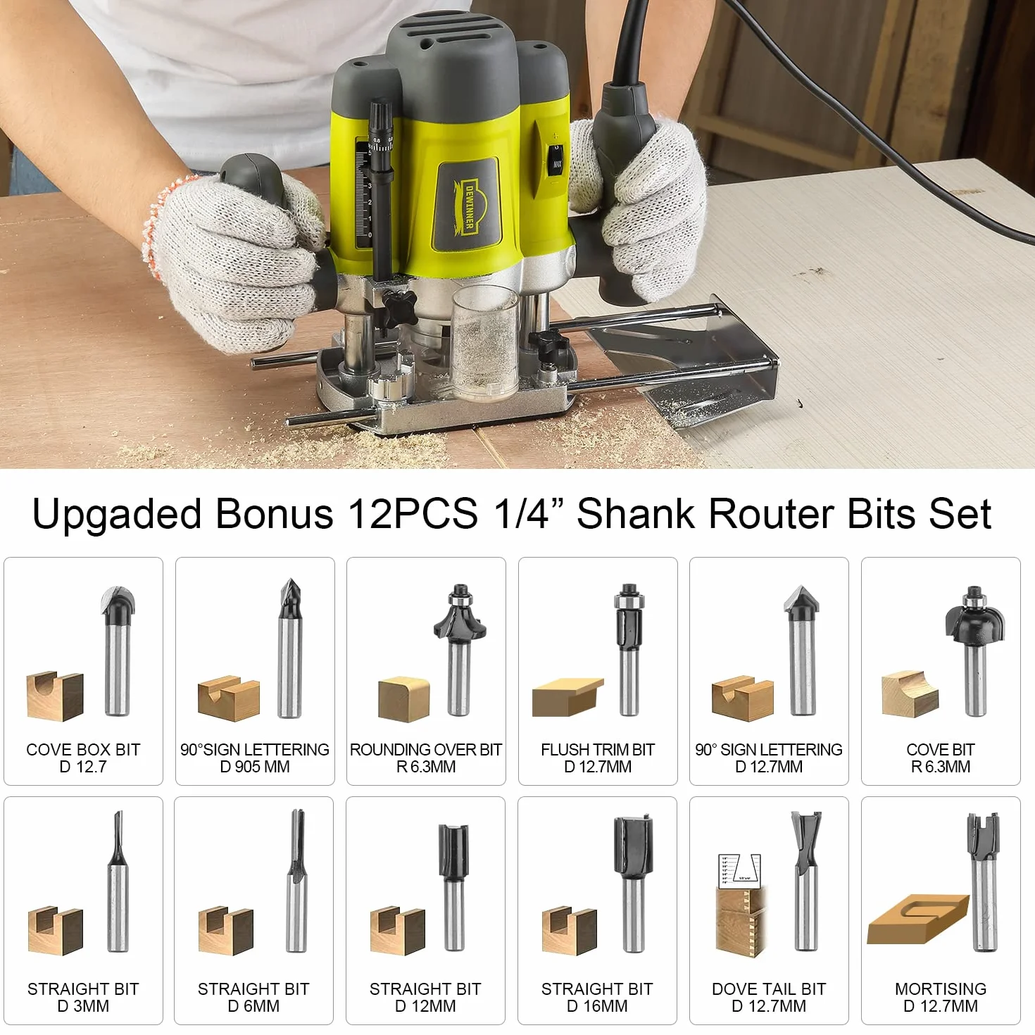DEWINNER Fresatrice Verticale,di frese per legno Trimmer con set 12 frese in box di legno