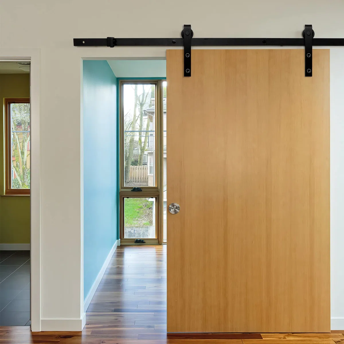 Set di accessori per porta scorrevole in legno, con ruote e guide scorrevoli, accessori in acciaio al carbonio nero, 200 cm