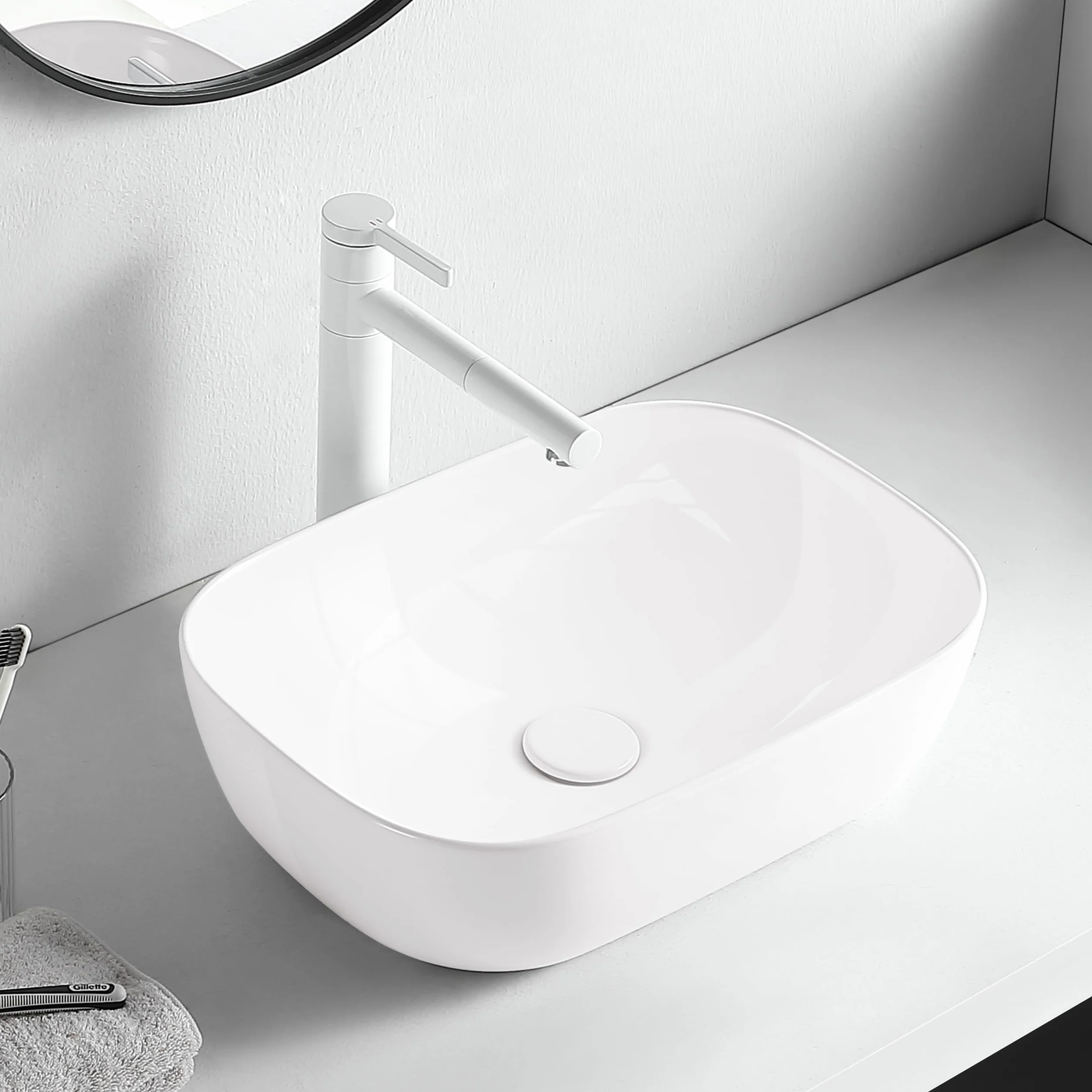 Lavabo da appoggio NINA 47x33 cm Rettangolare – Lavabo in ceramica bianca senza foro rubinetto e troppopieno – Ceramica sanitaria per bagno