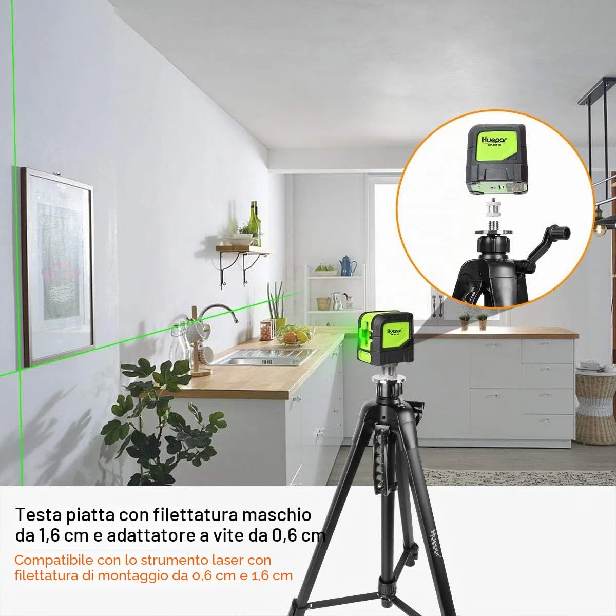Huepar Treppiede 1,6 m Treppiede in alluminio per livella laser, con livella a bolla, con filettatura maschio da 5/8 "-11 e adattatore per vite da 1/4" -20, Borsa per il trasporto inclusa - TPD16