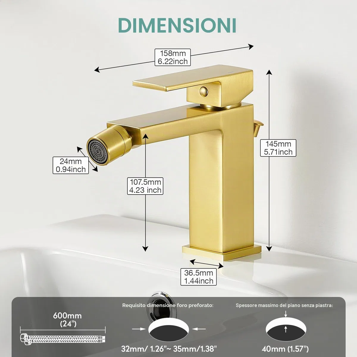 Faustina Rubinetto per Bidet WC con Tirante, Miscelatore Monoelmo Bidet in acciaio inox regolabile con giunto sferico Ottone, Spazzolato Oro
