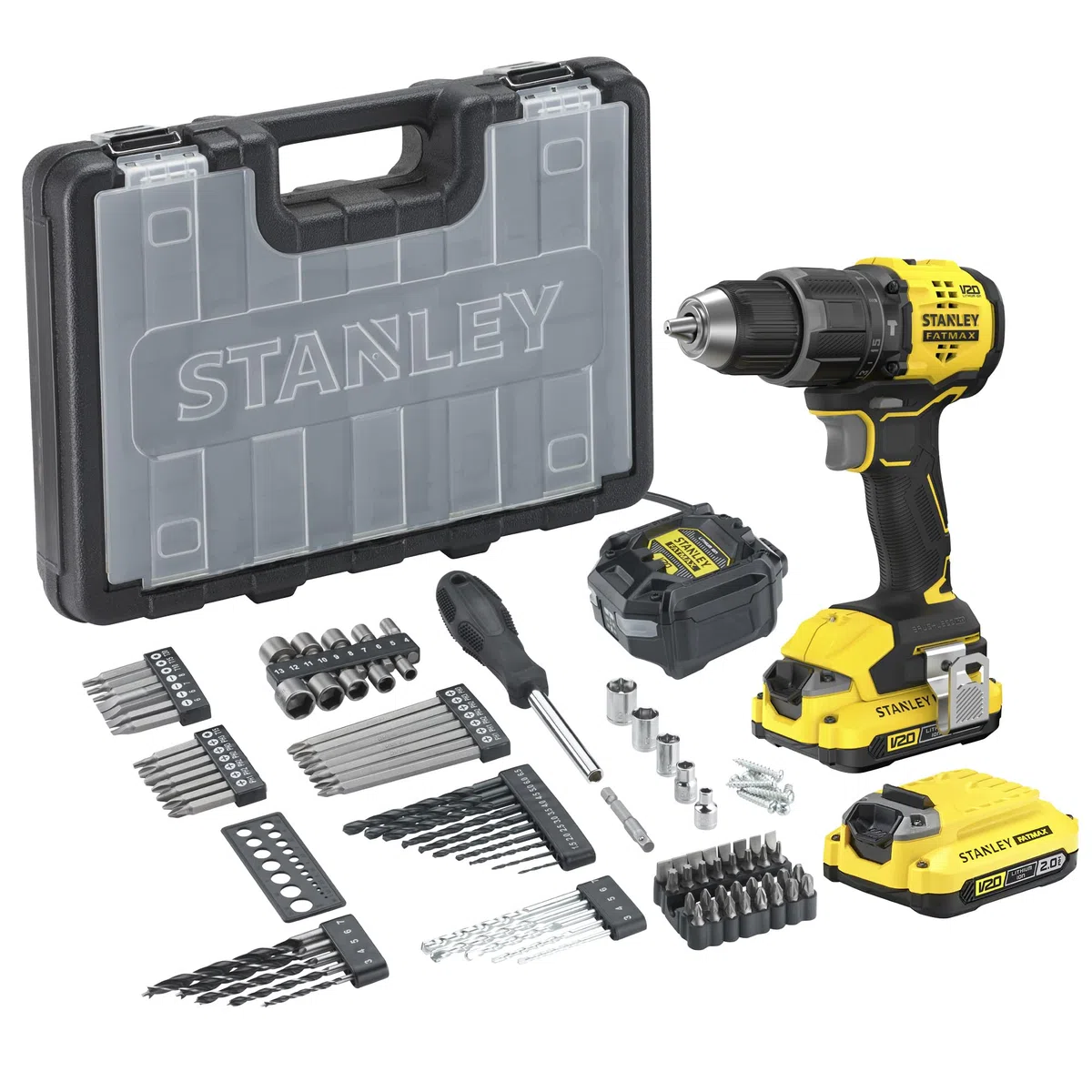 STANLEY V20 Trapano avvitatore a percussione a 2 ingranaggi senza filo, include batteria agli ioni di litio da 2,0Ah, caricatore da 1,25A e 100 accessori con custodia ProStack, 18V, SFMCD716D2A-QW