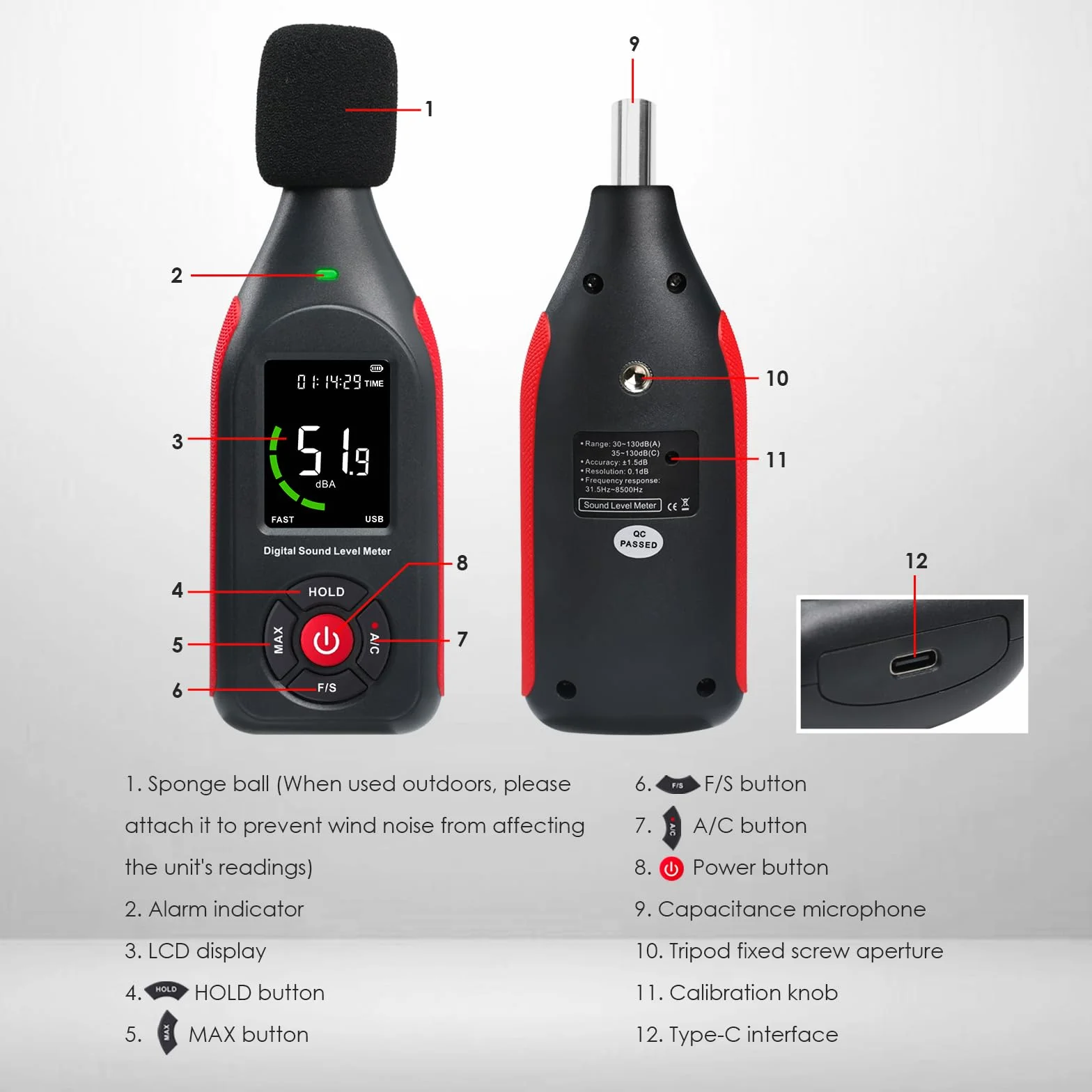 Misuratore di Decibel Misuratore di Livello Sonoro Rilevatore di Lettura da 30dB a 130dB MAX Data Hold, Misuratore di dB SPL con Allarme, Registrazione Dati e Funzione Ricaricabile