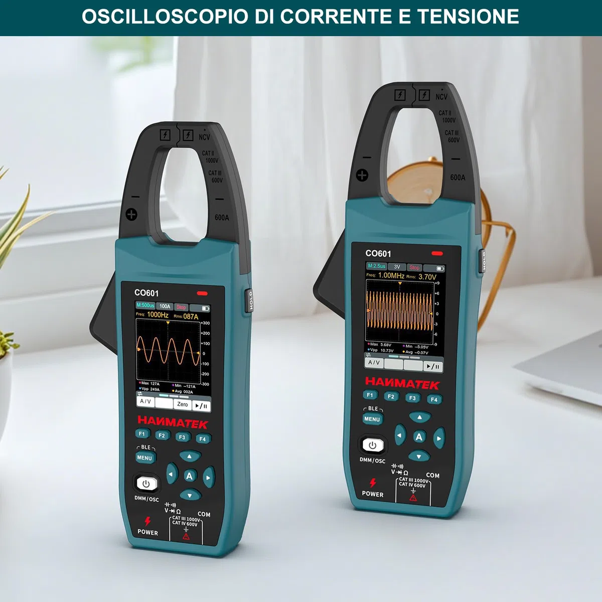 HANMATEK Multimetro con Oscilloscopio 2 in 1, Pinza Amperometrica Professionale, 5 MSa/s, Banda 1MHz, NCV, Bluetooth, Display TFT da 2,8", 600A/1000V, CO601