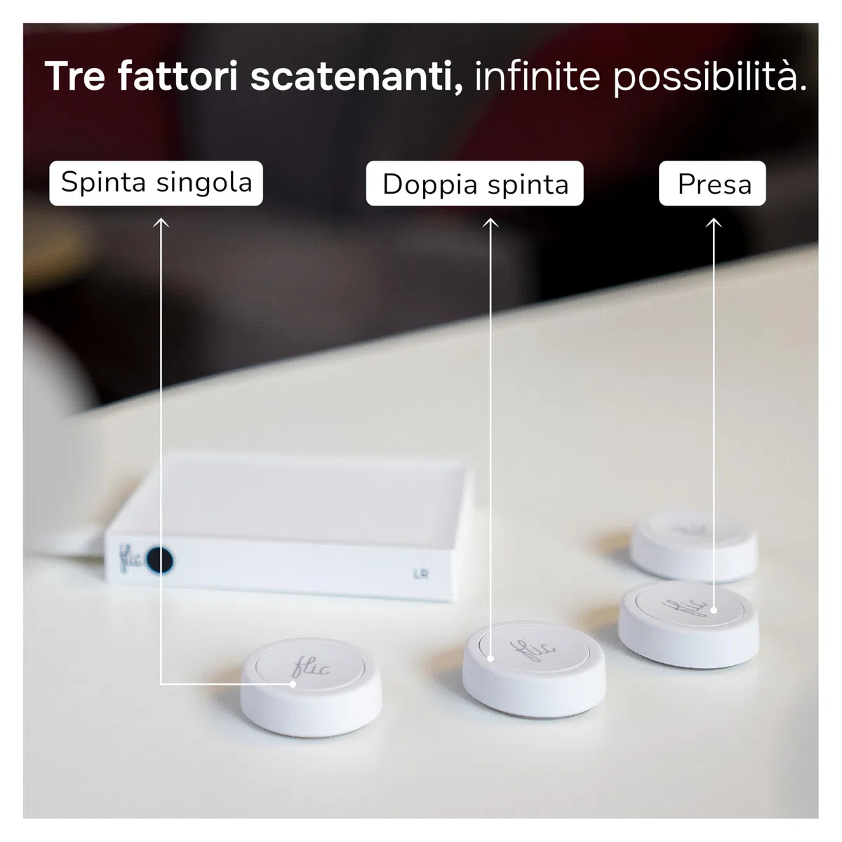 Pulsante Flic Bianco – Confezione da 3: Controlla luci, musica e altro con pressione, doppia pressione, mantenimento. Compatibile con Alexa, HomeKit, Matter. Configurazione via app, Bluetooth/Wi-Fi.