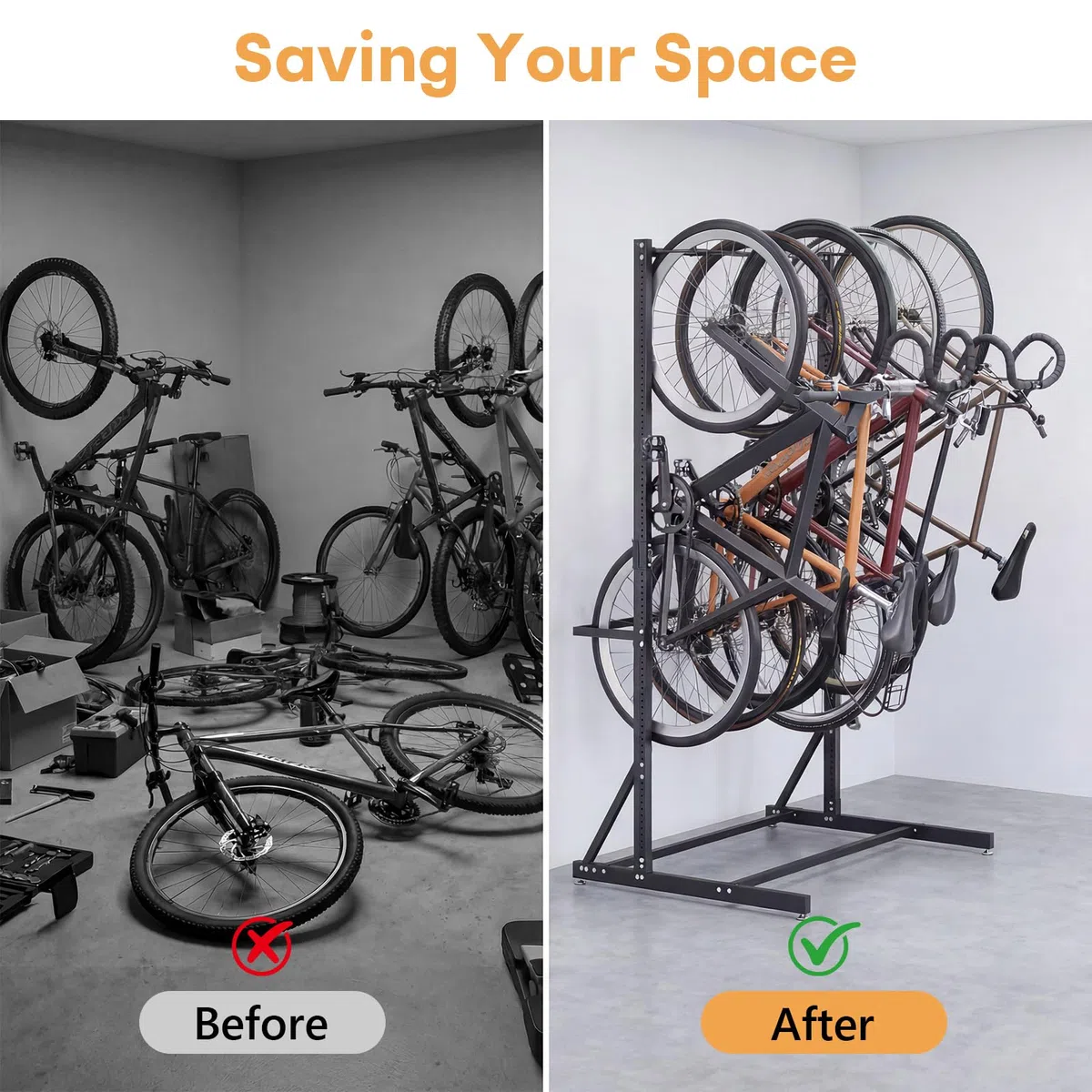 Portabici Garage per 5 Biciclette, Portabici Verticale in Acciaio al Carbonio Capacità di Carico max 136 kg, Portabici da Terra Universale per Rangement Casa, Interno o Garage