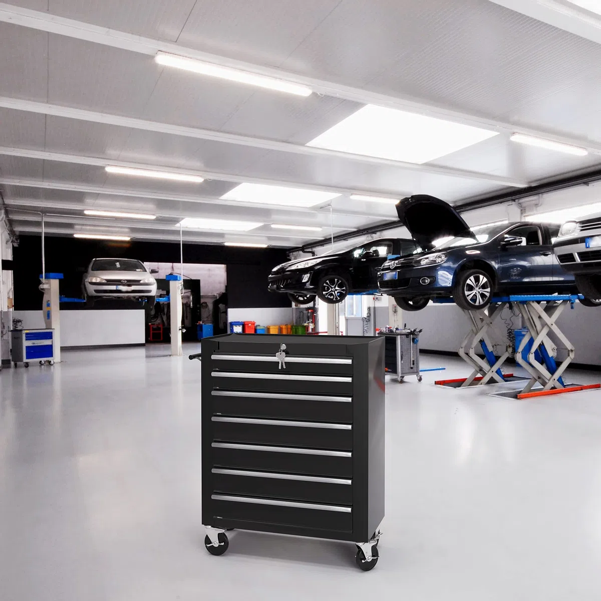 Carrello Da Officina Con 7 Scomparti In Metallo Cassetti Con Serratura Centralizzata Rivestimento Antiscivolo E Ruote Con Freno Di Stazionamento Porta Attrezzi 77.5 x 33 x 70 Cm (Nero)