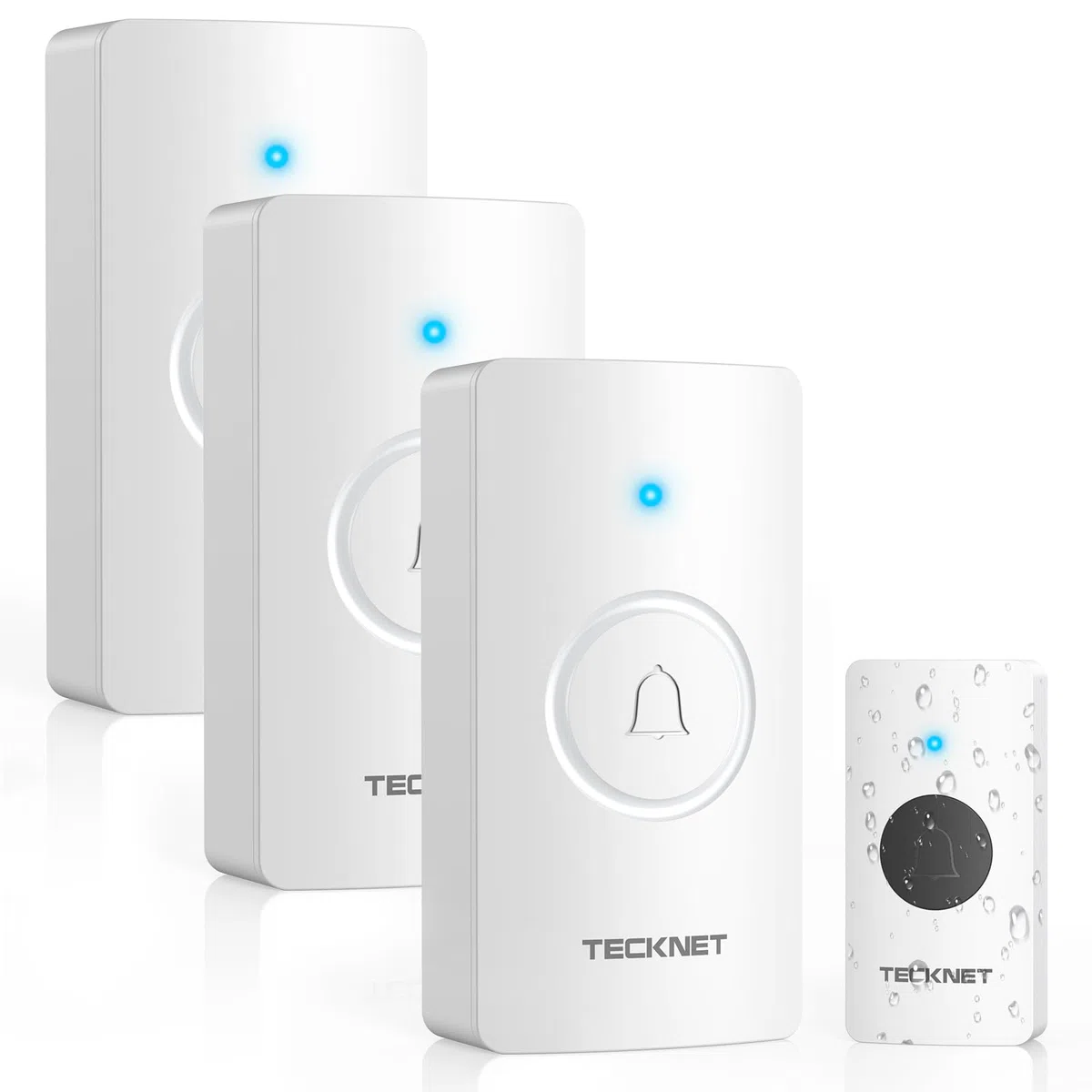 TECKNET Campanello Senza Fili, IP67 Campanello Impermeabile, 400M Campanello Senza Fili da Esterno, Kit Campanello Wireless Che Include 3 Ricevitore 1 Trasmettitori,5 Livelli di Volume e 60 Melodie