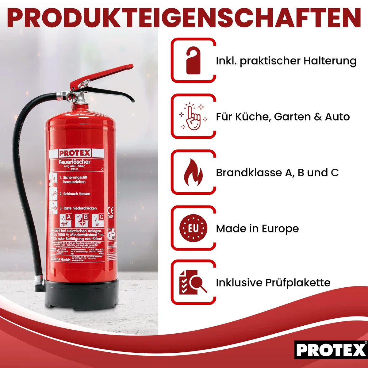 Estintore a polvere Protex PDE 6 estintore a polvere – 6 kg – per le classi di fuoco ABC – certificato secondo DIN EN 3 e CE – 9,5 kg – con pratico supporto – con placca di prova – Made in EU