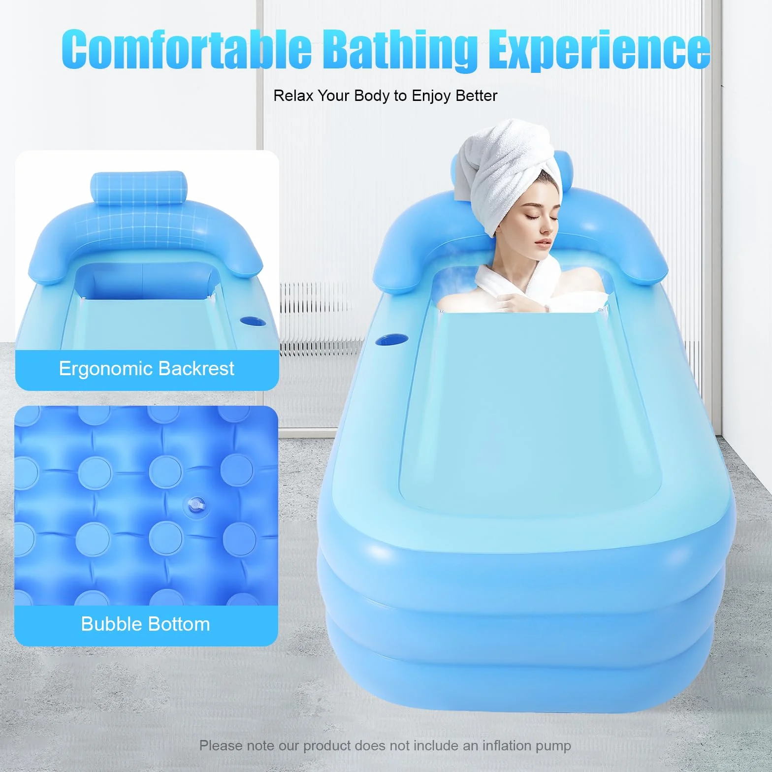 Vasca da bagno gonfiabile, in PVC, pieghevole per esterni, con schienale ergonomico e braccioli, vasca da bagno mobile, autoportante con copertura per persone meno di 1,85 m e 100 kg, 160 x 84