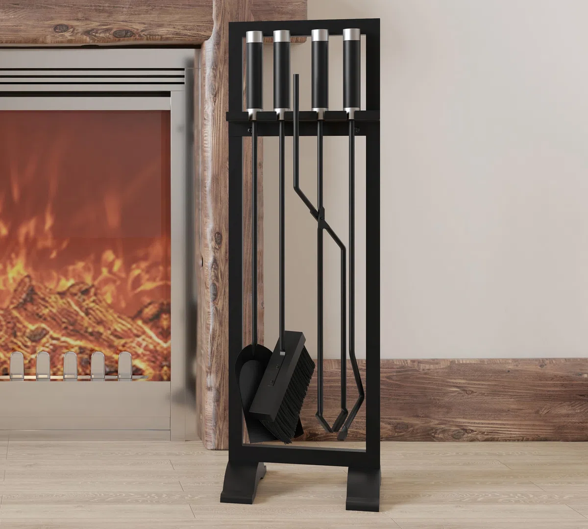 Kingson – Set di accessori per caminetto, 4 pezzi, include attizzatoio, pala, spazzola e pinze – 61 cm, attrezzi per focolare con manici in acciaio inossidabile e ferro – Supporto nero moderno