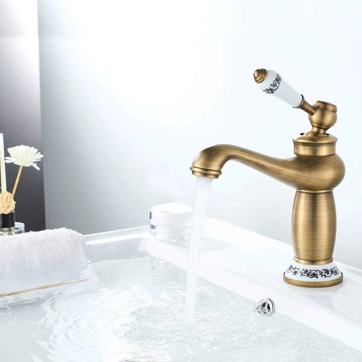 Namuoto Rubinetto Bagno Vintage Monocomando in Ceramica Floreale Per Lavandino Rubinetto Bagno Lavabo per Bidet, Ottone Antico