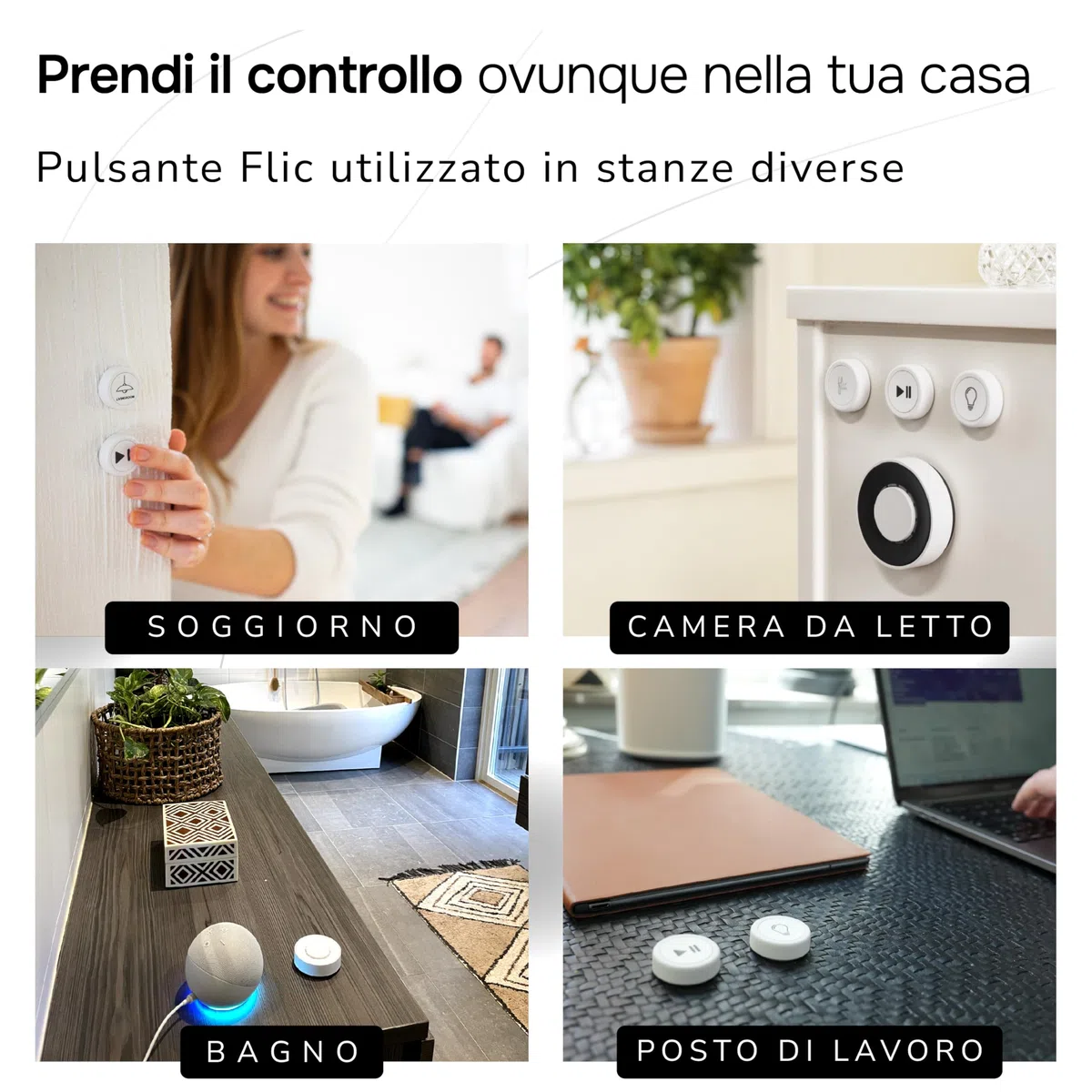 Pulsante Flic Bianco – Confezione da 3: Controlla luci, musica e altro con pressione, doppia pressione, mantenimento. Compatibile con Alexa, HomeKit, Matter. Configurazione via app, Bluetooth/Wi-Fi.