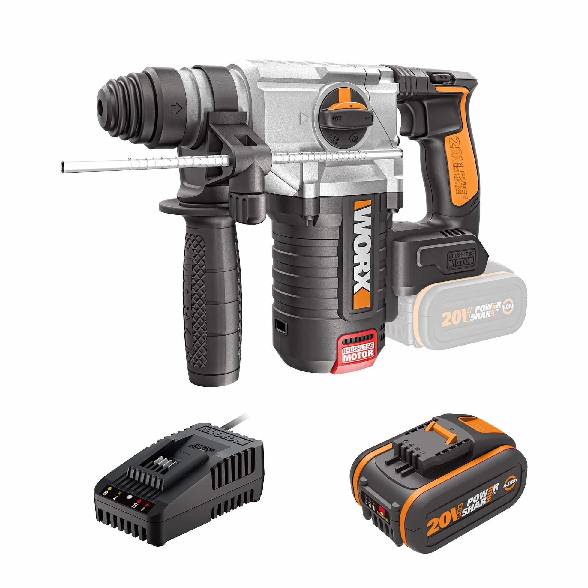WORX Martello perforatore a batteria WX380.1, Powershare, 4,0 Ah, motore senza spazzole, tecnologia anti-vibrazione