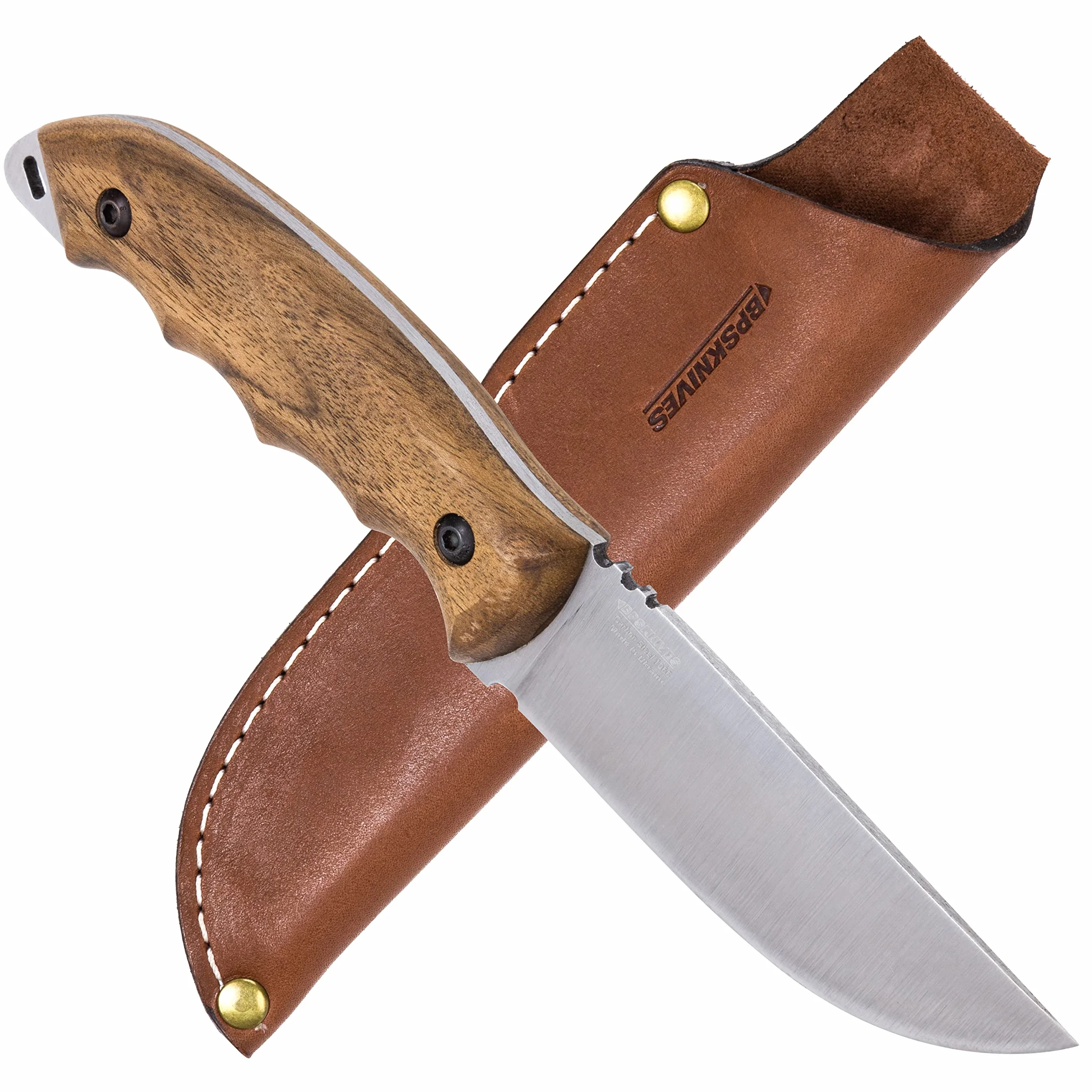 BPSKNIVES HK4 CSH - Coltello in acciaio al carbonio a lama fissa - Coltello da campeggio sopravvivenza campo artigianali con manico in legno e Full-Tang con fodero in cuoio