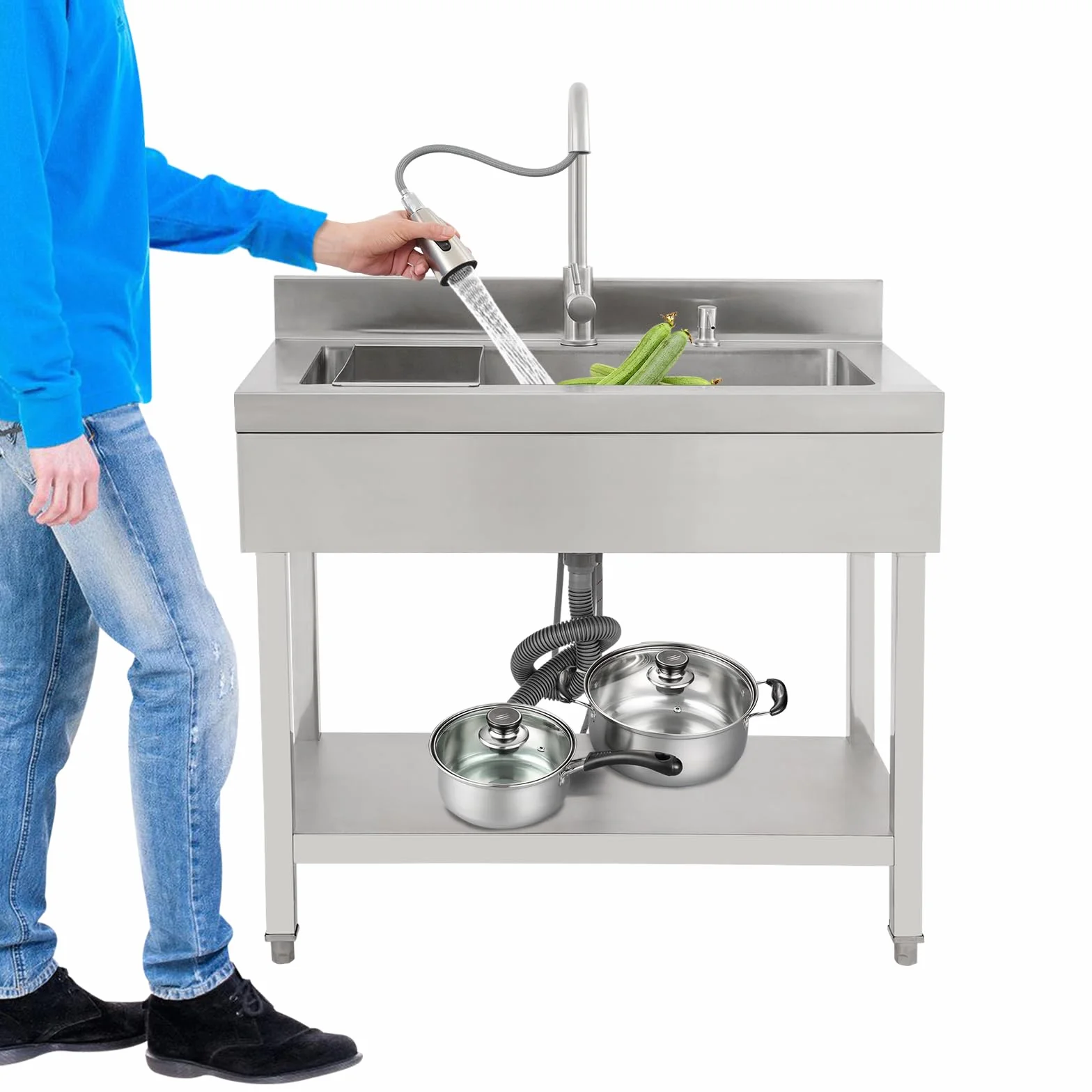 Lavello in acciaio INOX, lavandino da cucina a libera installazione, lavandino per bucato, 90x60x90 cm, lavandino singolo extra grande, lavandini commerciali con rubinetto estraibile e cestello