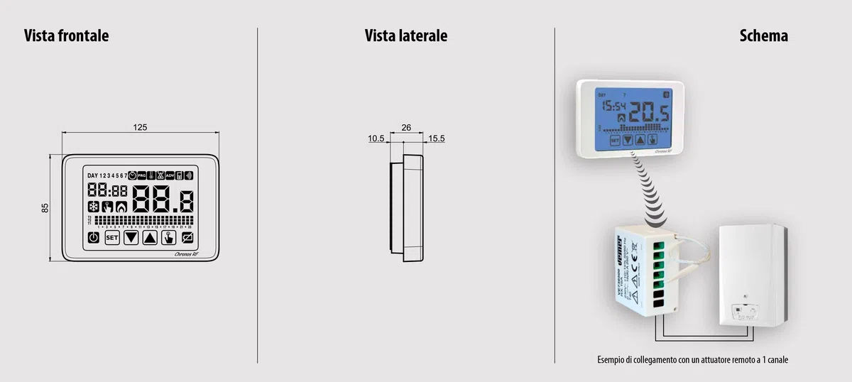 VEMER VE486700 SET CHRONOS RF - Set composto da 1 Cronotermostato Touch Screen da Parete a Batterie + 1 Attuatore Remoto RF, Bianco