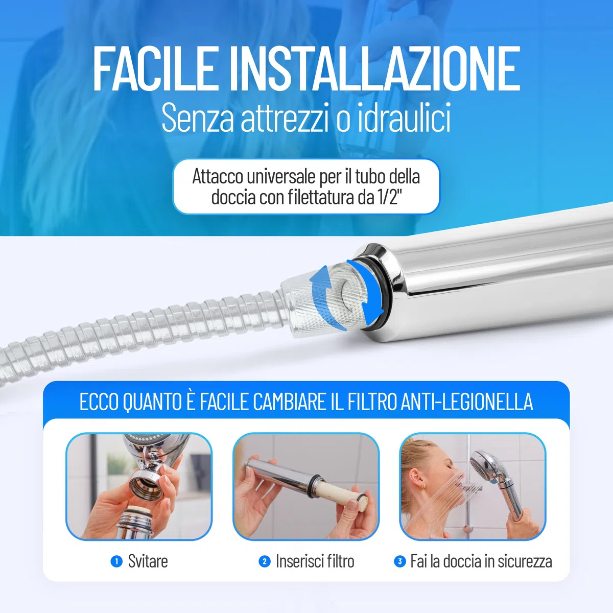 Soffione doccia con filtro antilegionella | Certificazione di protezione immediata contro la legionella | Tecnologia medica | Discreto e sicuro