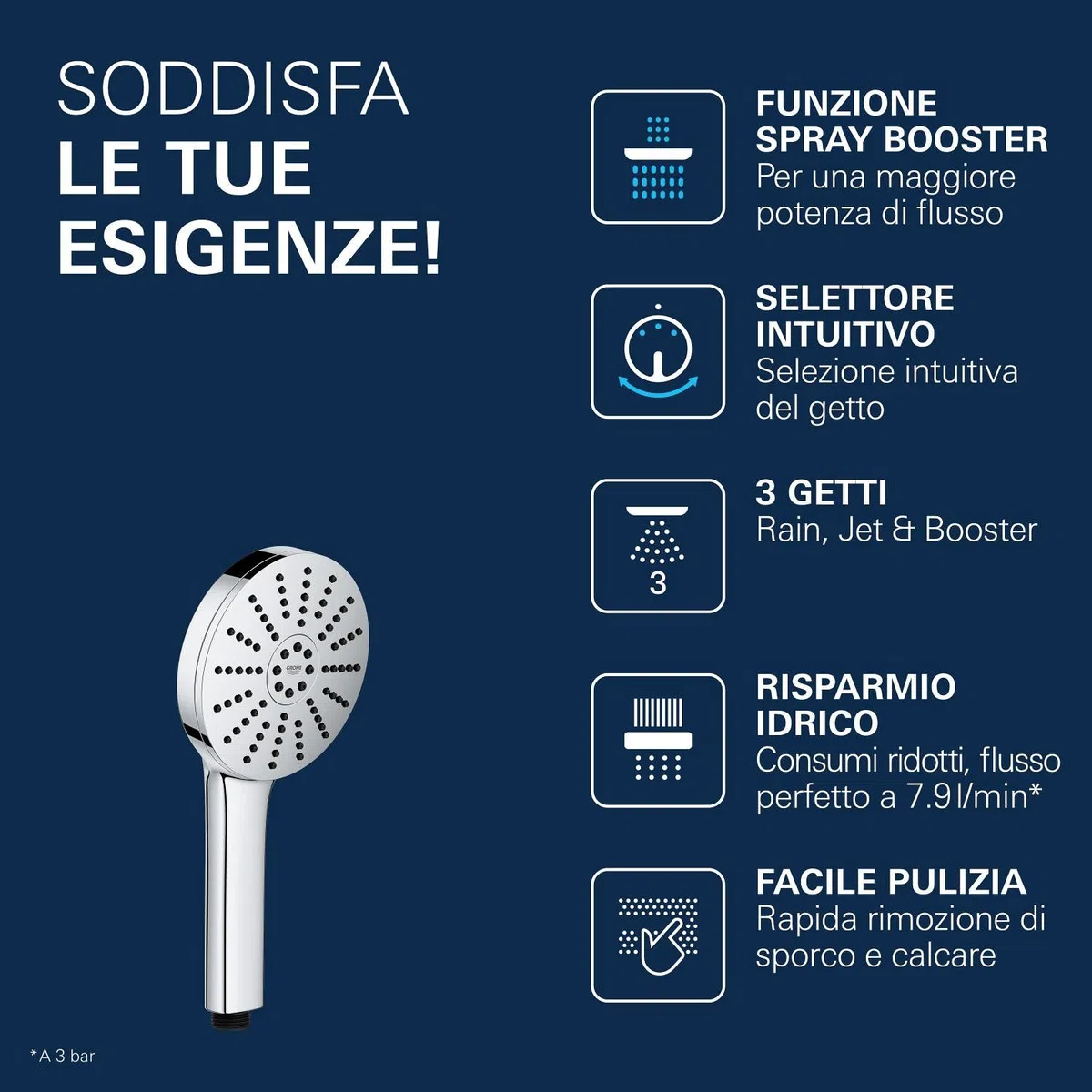 GROHE Vitalio Joy+ 120 Doccino doccia con 3 getti: pioggia, getto, booster (risparmio idrico 7,9 l/min, protezione antiscottatura, sistema di montaggio universale), cromata, 1348640000