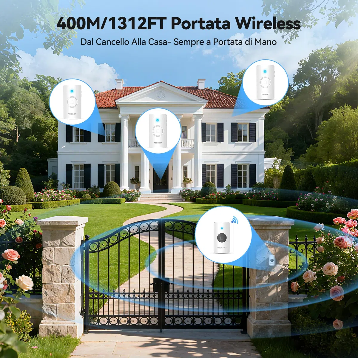 TECKNET Campanello Senza Fili, IP67 Campanello Impermeabile, 400M Campanello Senza Fili da Esterno, Kit Campanello Wireless Che Include 3 Ricevitore 1 Trasmettitori,5 Livelli di Volume e 60 Melodie