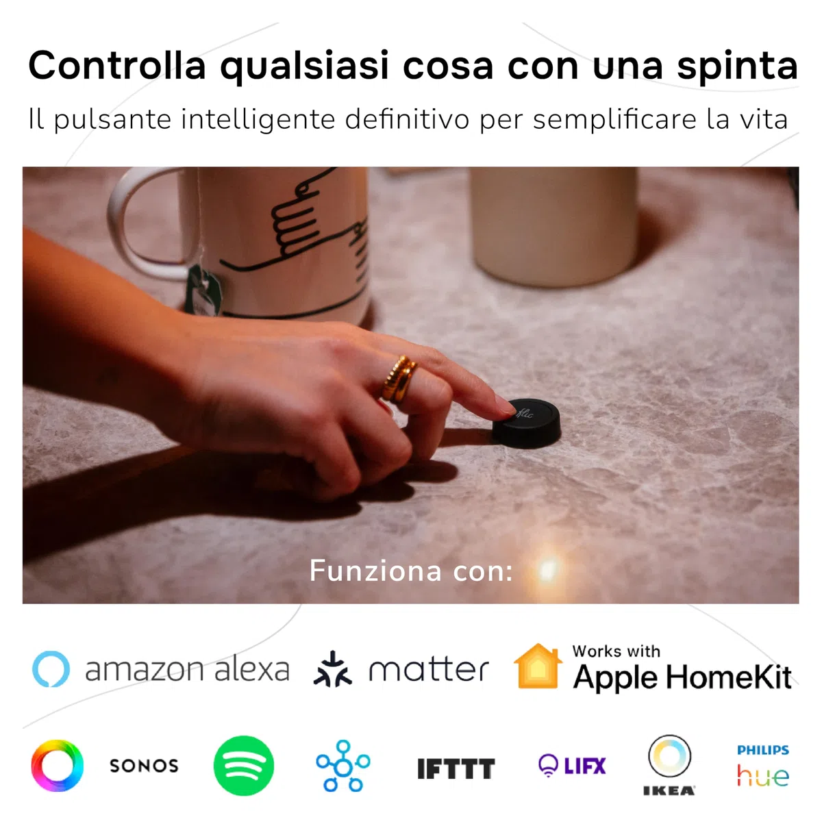 Pulsante Flic Bianco – Confezione da 3: Controlla luci, musica e altro con pressione, doppia pressione, mantenimento. Compatibile con Alexa, HomeKit, Matter. Configurazione via app, Bluetooth/Wi-Fi.