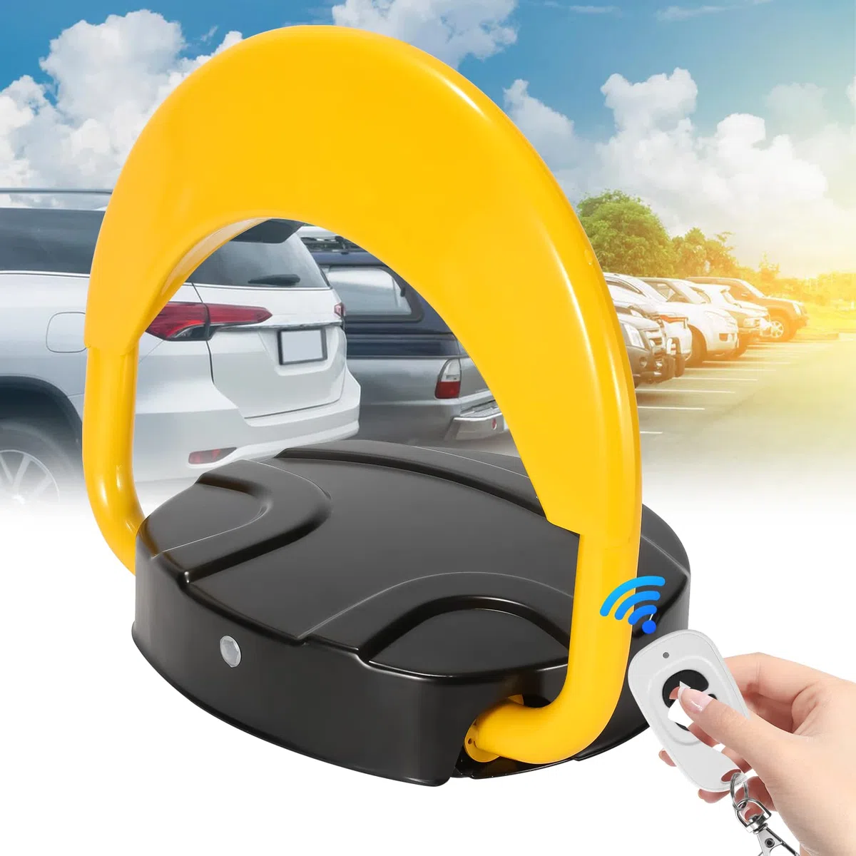 1 barriera parcheggio con 2 telecomandi, pieghevole, con 2 chiavi, pali di parcheggio forniti a 180°, telecomando a I, portata di 20 m, blocco parcheggio P67 privato