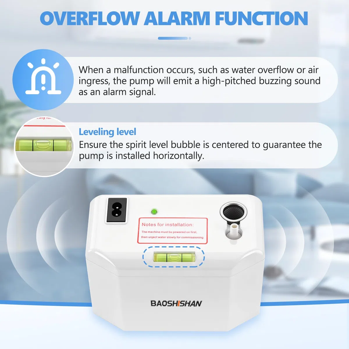 BAOSHISHAN Pompa per condensa 24L/H Sistema di sollevamento della condensa con allarme di troppopieno, pompa di condensazione per sistemi di condizionamento dell'aria di potenza da 8 kW