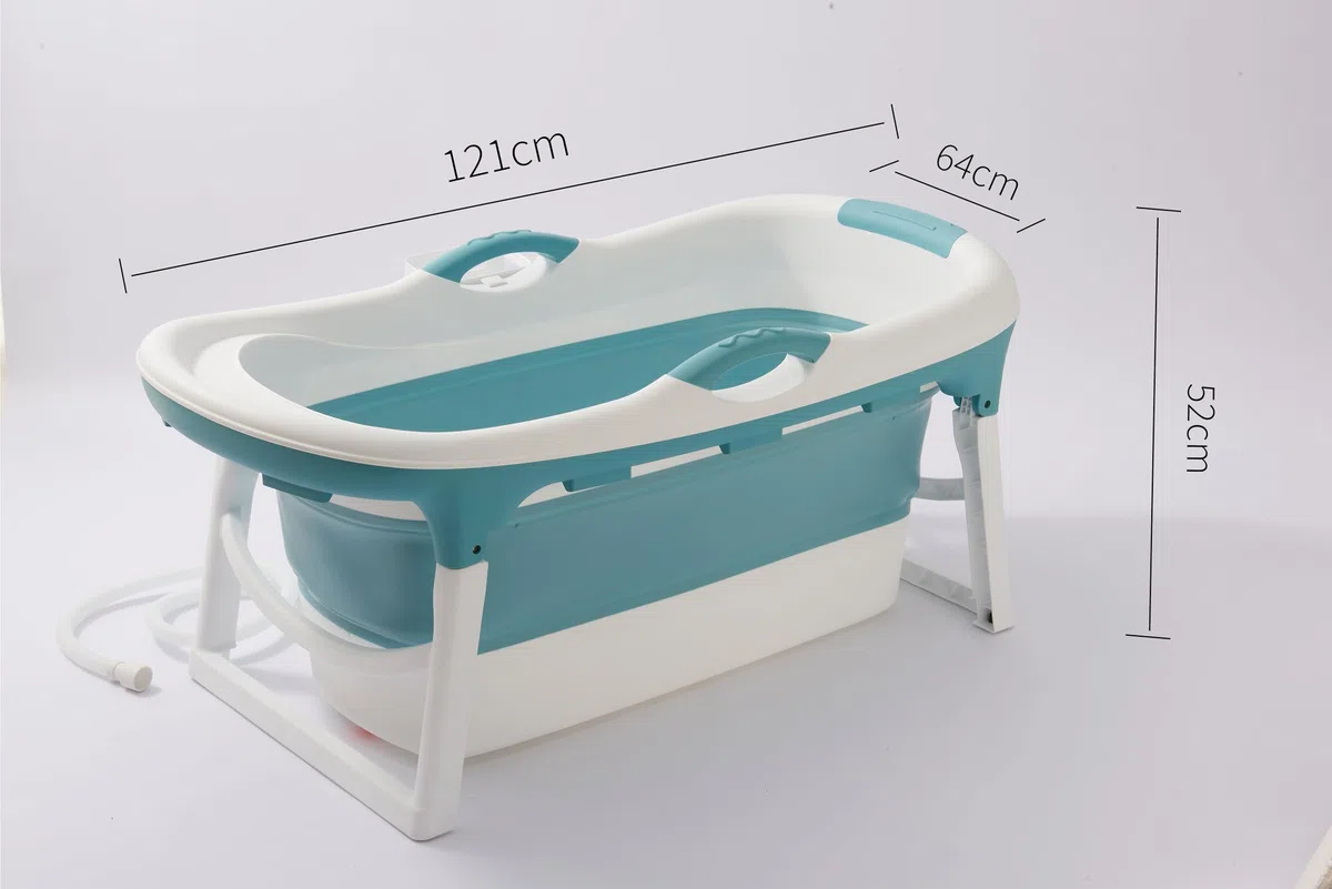Vasca da bagno pieghevole per adulti, 121 x 64 x 52 cm, pieghevole con copertura per vasca da bagno mobile, pieghevole, portatile, per piccoli bagni, blu