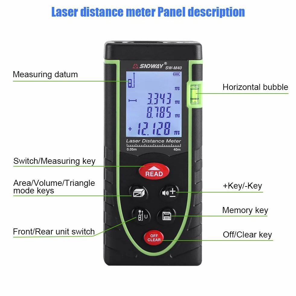 Distanziometro digitale portatile Range Finder 1 mm fino a 40/60/80/100 m con ampio display LCD di retroilluminazione e livella a bolla per interni ed esterni (40 m)