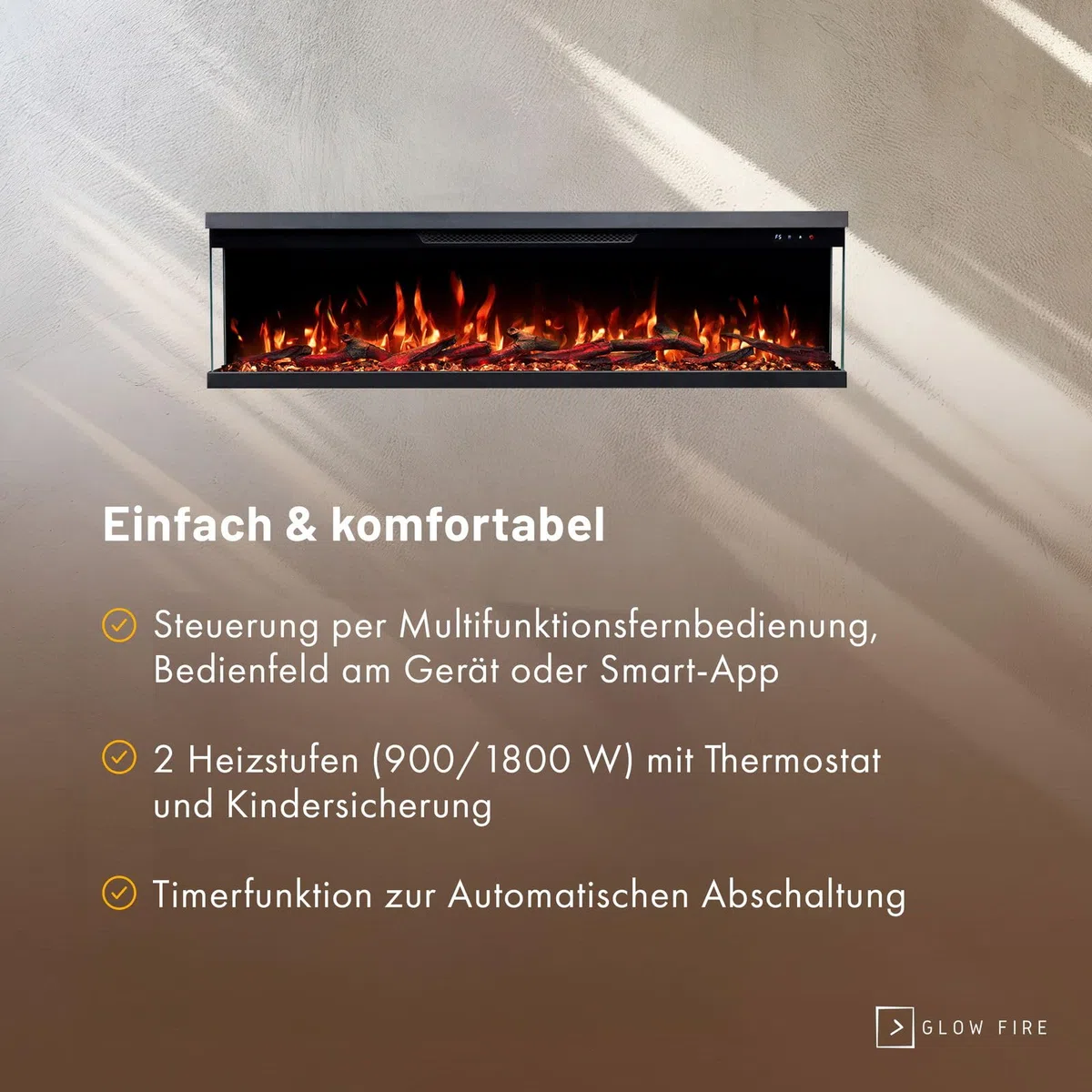 GLOW FIRE Caminetto Elettrico Insert 127 con fuoco LED 3D realistico - Caminetto elettrico a parete con riscaldamento e fuoco, controllo tramite app, effetto crepitio e timer, max. 1800 W, 127x35x19