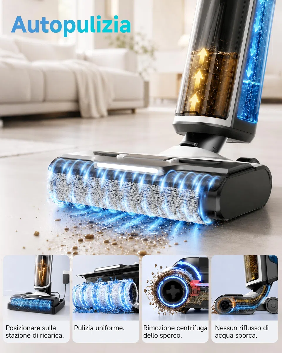Hearten Aspirapolvere Lavapavimenti, 25kPa con Acqua elettrolizzata, Auto Pulizia, Autopropulsione, Guida Vocale, Anti-avvolgimento, Pulizia Bordi, Display LED, Motore Brushless, Basso Rumore