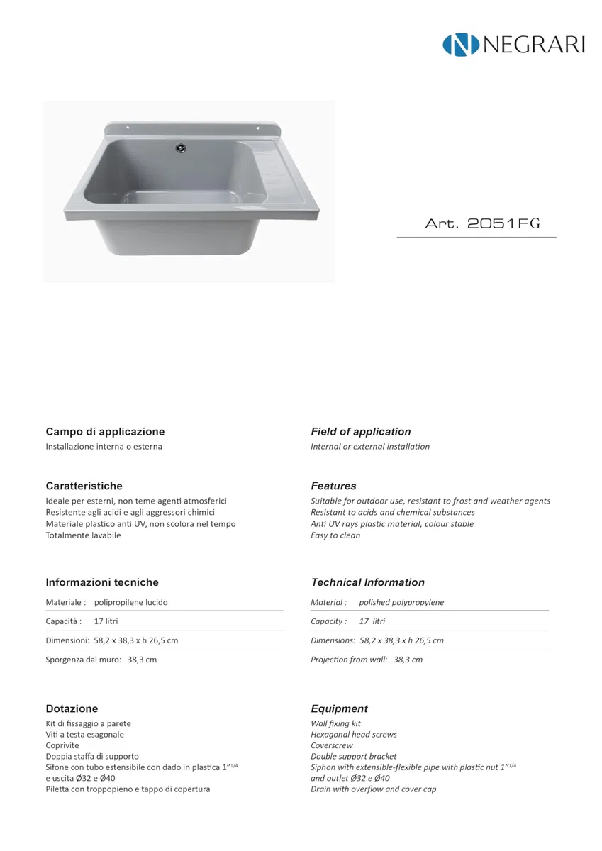 Negrari Pilozzo a Muro in polipropilene con pilettone in metallo, Resistente agli agenti atmosferici, Kit di fissaggio e Kit di scarico inclusi, Esterno e Interno, 58L x 38P x 21H cm, Grigio