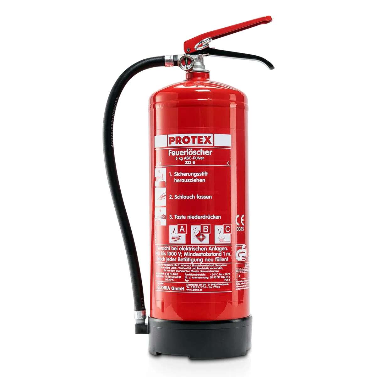 Estintore a polvere Protex PDE 6 estintore a polvere – 6 kg – per le classi di fuoco ABC – certificato secondo DIN EN 3 e CE – 9,5 kg – con pratico supporto – con placca di prova – Made in EU