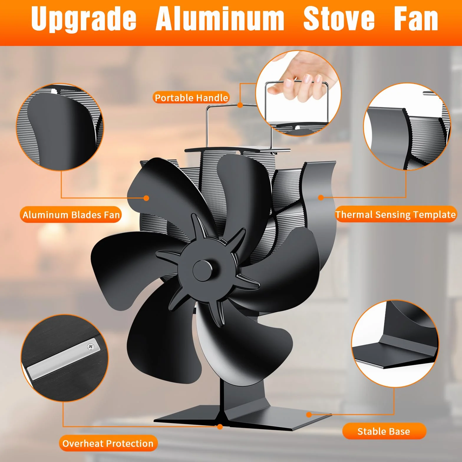 Ventilatore Per Stufa a Legna, Ventilatore per camino con 6 pale, Ventola da Caminod Silenzioso Alimentato Calore, Ventilatore Camino Stufa per Legna e Camino Pellet