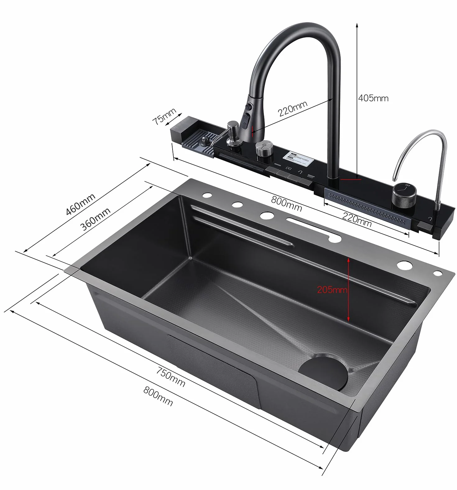 Lavello da cucina, in acciaio inox T304, lavello da cucina multifunzionale, lavandino a cascata, da incasso, con rubinetto digitale multifunzionale, vari accessori (80 x 45 cm)
