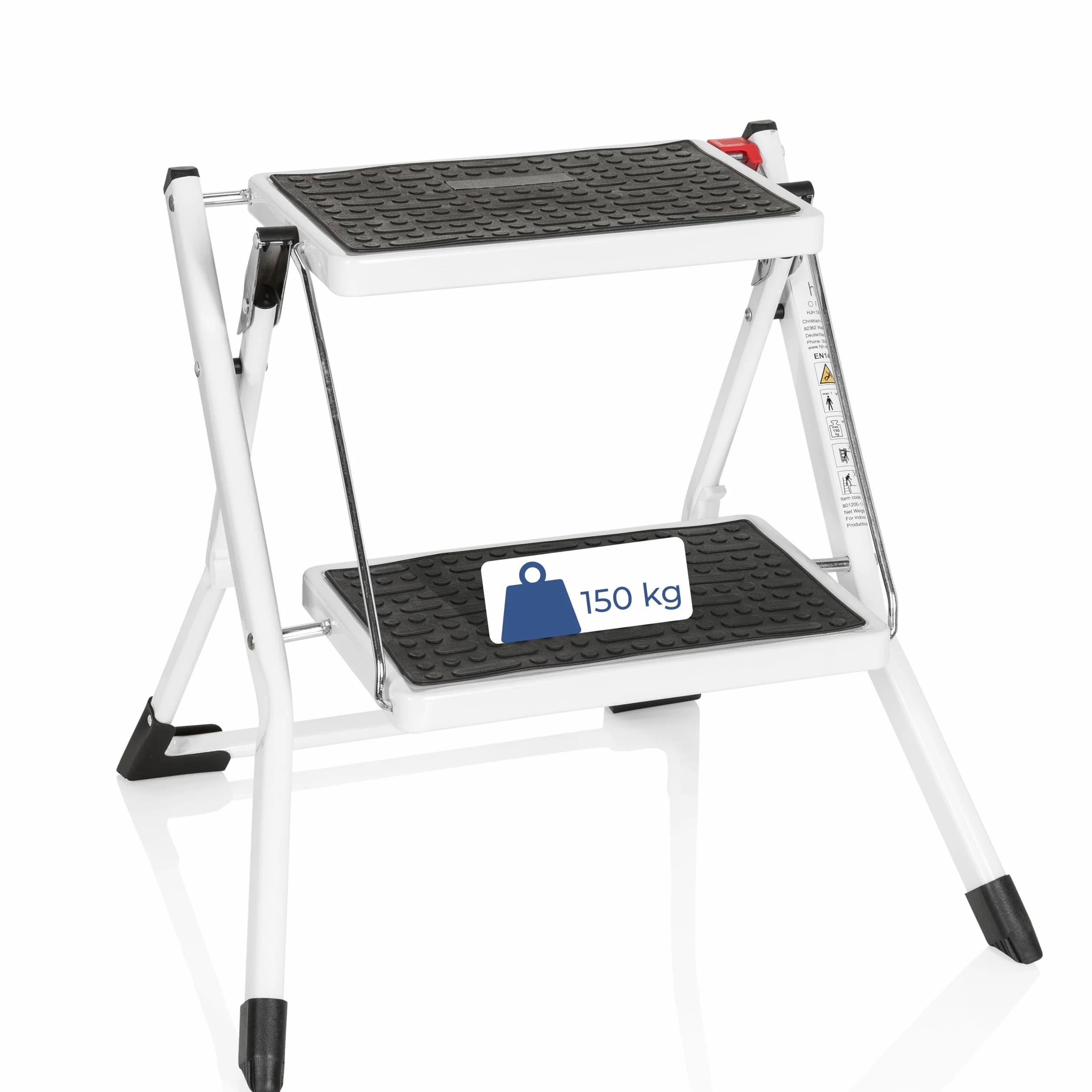 hjh OFFICE 801200 Gradino pieghevole a 2 gradini SOLID W1 Gradino pieghevole in acciaio, portata fino a 150 kg, chiusura di sicurezza pieghevole, maniglia di trasporto, gradino, bianco