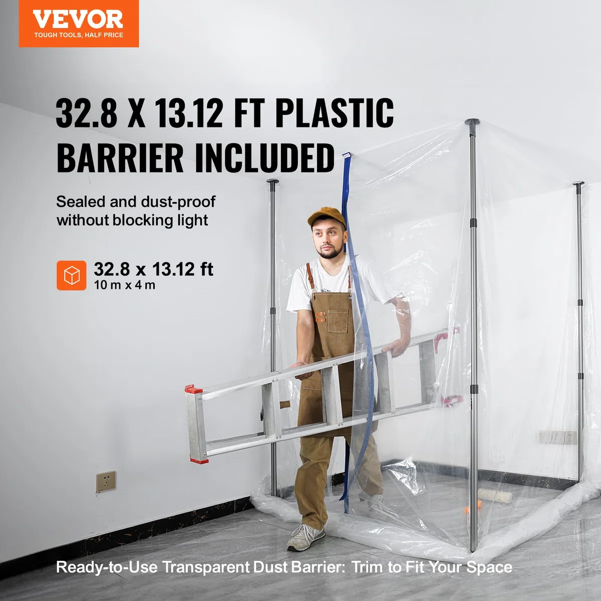 VEVOR Porta Antipolvere Trasparente Cerniera Magnetica con Pali Altezza Regolabile Antipolvere da Costruzione di Casa 10 x 4m, Copertura Protezione Antipolvere Uso Domestico Trasparente in Plastica PE