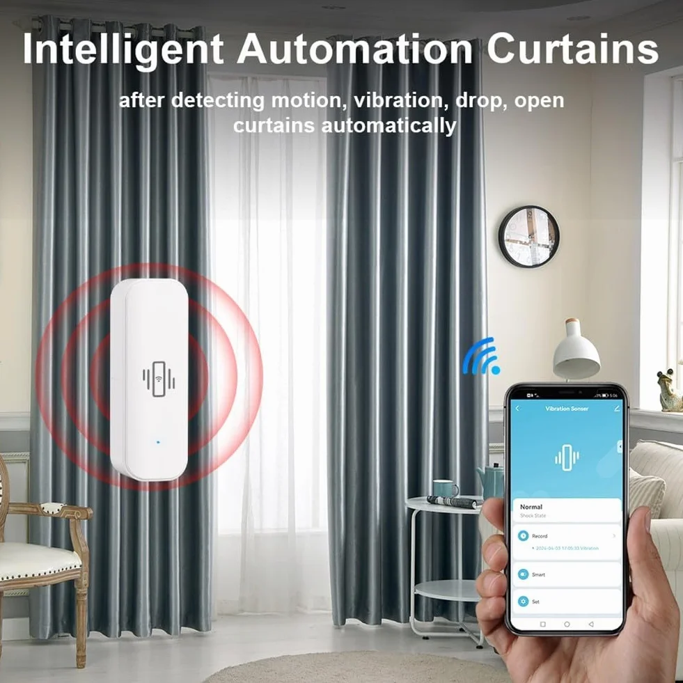 Sensore di vibrazione WiFi, mini rilevatore wireless di rottura del vetro per allarme e automazione domestica intelligente, nessun hub richiesto, compatibile con Tuya/per Smart Life APP (5 pezzi)