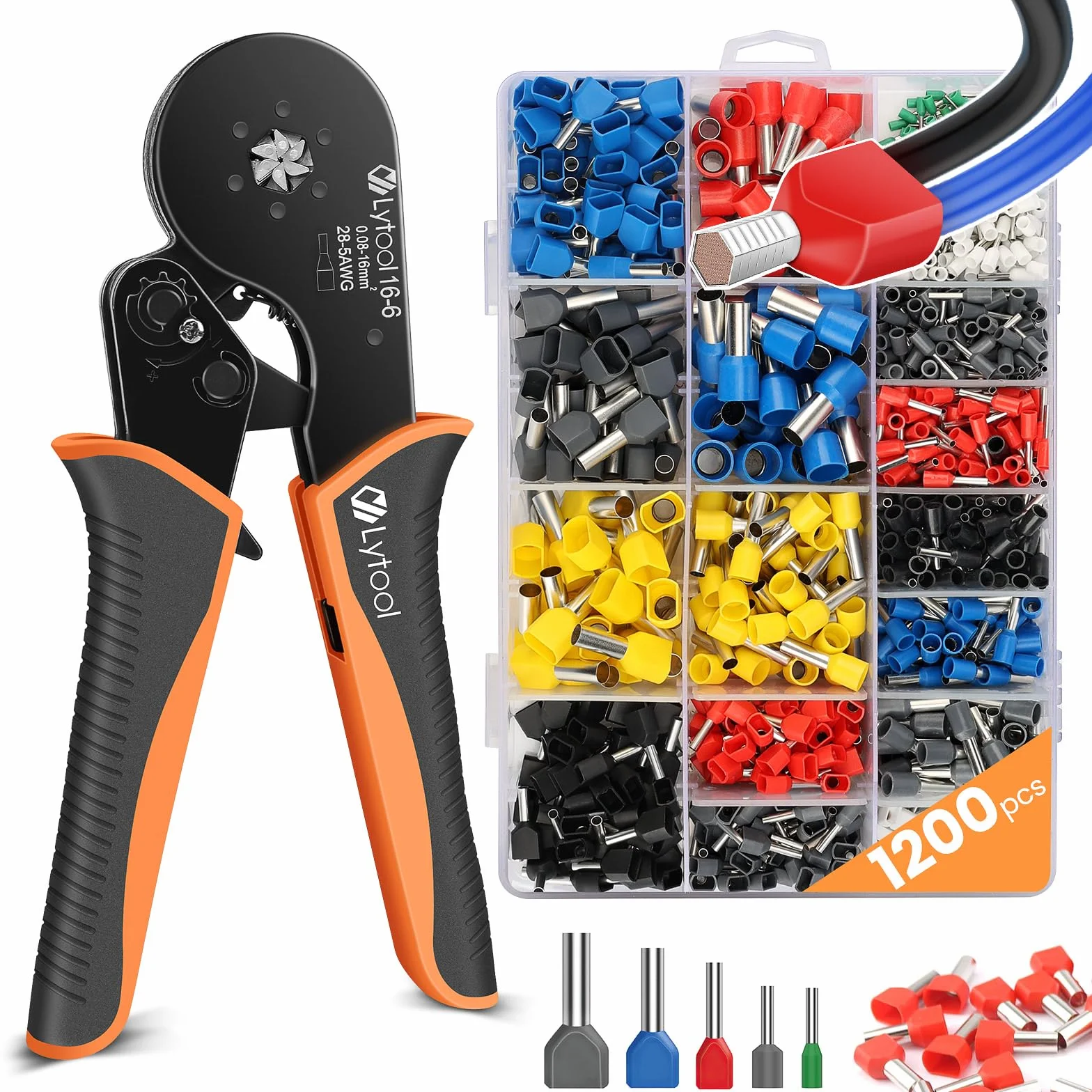 Pinza Crimpatrice Esagonale 0.08-16 mm²,Lytool 1200Pcs Puntalini Doppi Elettrici Pinza Crimpatrice Capicorda a Doppio Filo,Crimpatrice Capicorda Elettrica per Cavo Elettrici,Manutenzione del Elettrico
