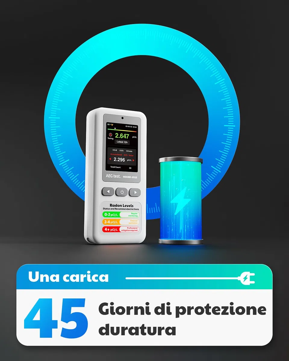 HOUND-1011S Rilevatore di Radon Portatile, Leggero, Dati 12H, Sensore Preciso, Monitoraggio 45 Giorni, Facile da Usare, Misurazioni Breve/Lungo Termine in pCi/L o Bq/m³ per Cantina