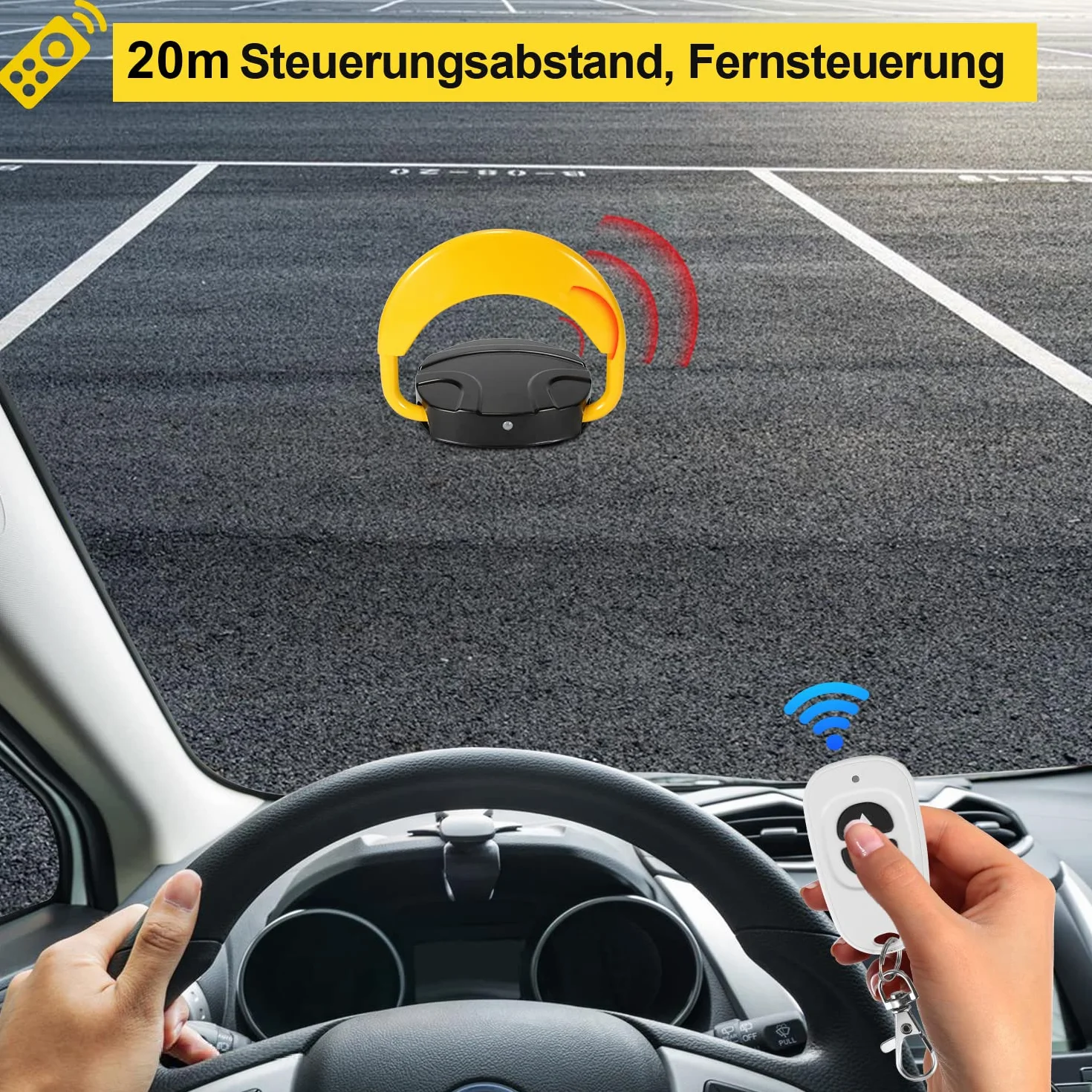 1 barriera parcheggio con 2 telecomandi, pieghevole, con 2 chiavi, pali di parcheggio forniti a 180°, telecomando a I, portata di 20 m, blocco parcheggio P67 privato