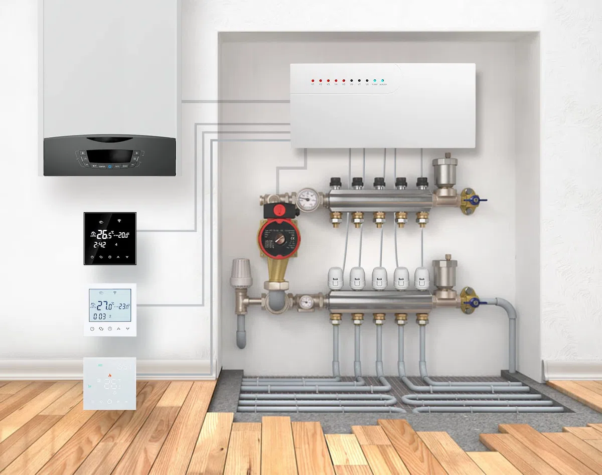 Beok Regolatore per riscaldamento a pavimento per termostato e attuatori, distributore di circuito di riscaldamento a 8 vie, funziona con termostati/attuatori/caldaia a gas/pompa di riscaldamento